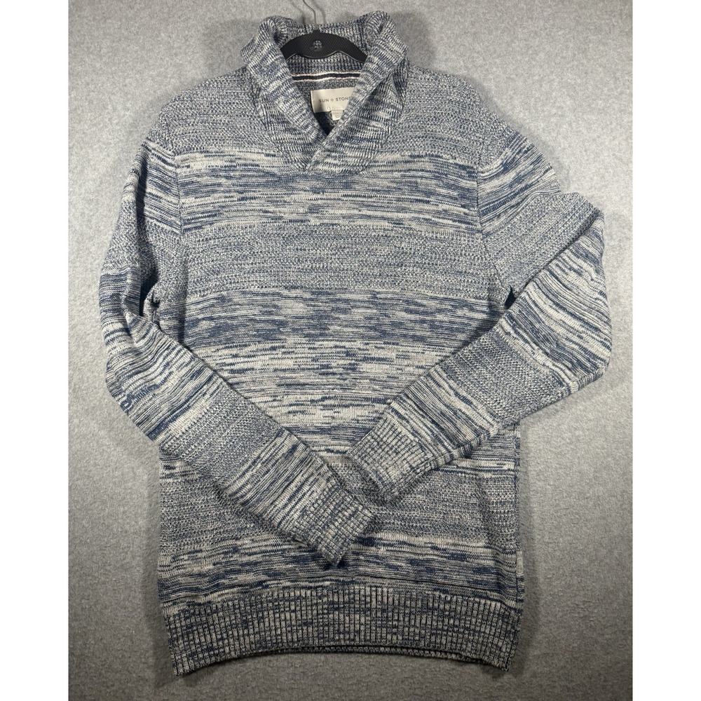 Sun + Stone Mens Blue & White Striped Shawl Collar Knit Cotton Sweater L